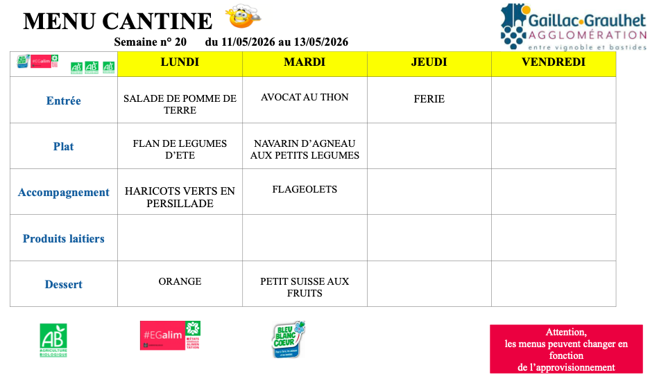 Menu de la cantine du 11 au 15 mai