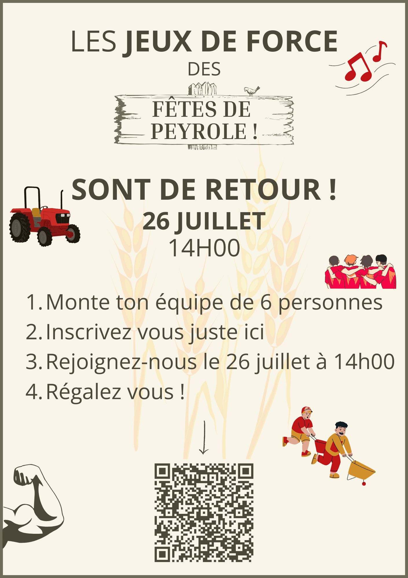 les jeux de force de Peyrole Affiche : Inscription pour participer aux jeux de force le 26 juillet 2026 à 14h. QR code à scanner