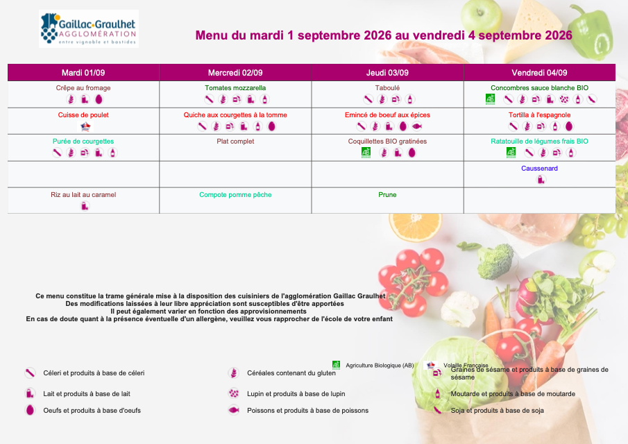 menu semaine du 1er au 4 septembre 2026
