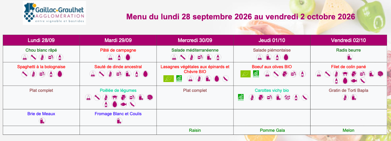 Du 28 septembre au 2 octobre 2026 Menu du 28 septembre au 2 octobre 2026