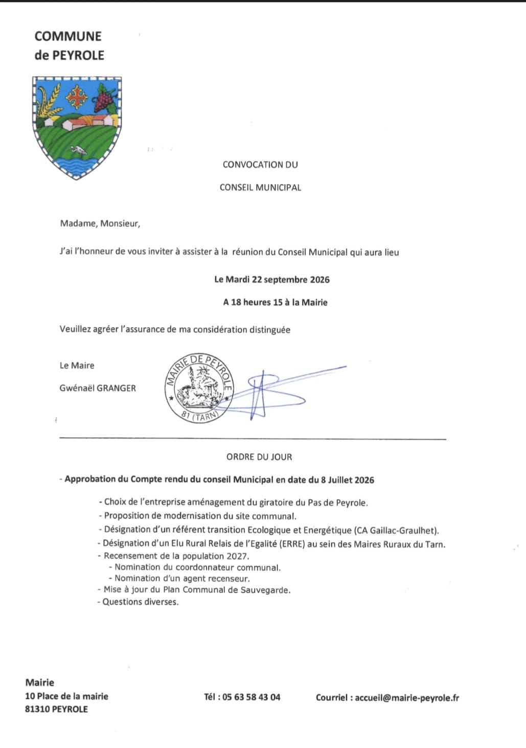Convocation et ordre du jour : Choix de l'entreprise du giratoire, modernisation du site communal, référent transition écologique, élu au ERRE, recensement 2027, mise à jour du PCS, questions diverses