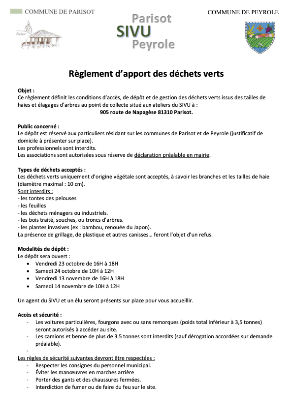 Règlement d'apport des déchets verts